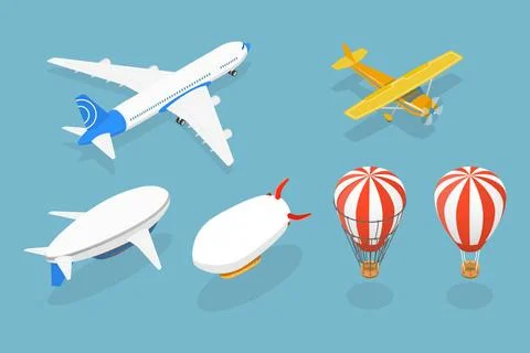 3D Isometric Flat Set von Luftschiffen , Vintage Aviation Collection3D... Stock Photos