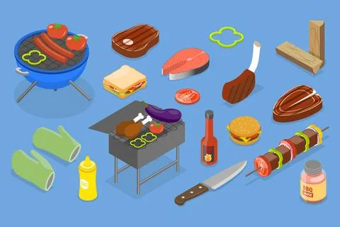 3D Isometric Flat Set von Barbecue, BBQ und Fleisch Grillen3D Isometri... Stock Photos