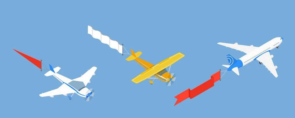 3D Isometric Flat Set von Flugzeugen in den Himmel mit Bannern, fliegende ... Stock Photos