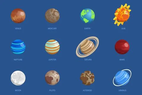 3D Isometric Flat Set von Sonnensystem Planeten, Galaxie Astronomische Obj... Foto stock