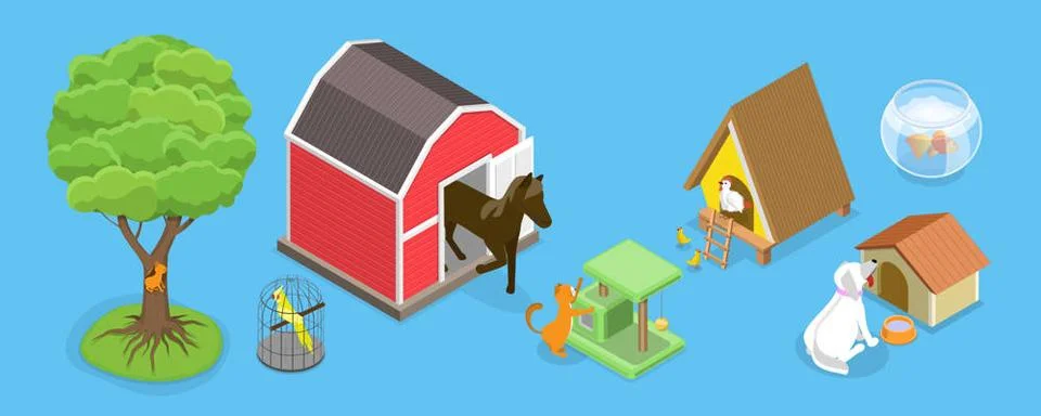 3D Isometric Flat Set von wilden und heimischen Tieren mit Häusern, Geflüg. Stock Photos