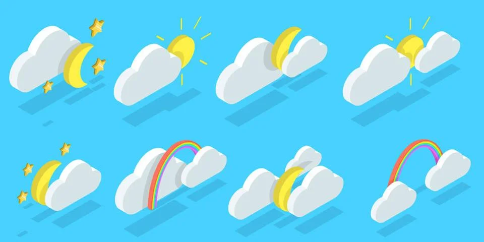 3D Isometric Flat Set von Wettervorhersage Icons, Gewitter, Regen, Sonnent... Stock Photos