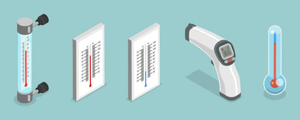 3D Isometric Flat Set von Thermometern, Messung der Temperatur Innen-, Auß.. Stock Photos