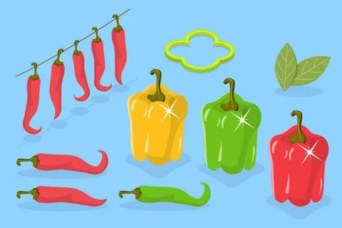 3D Isometric Flat Set von Chili Peppers, Zutat der mexikanischen Küche... Stock Photos