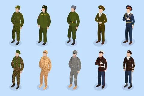 3D Isometric Flat Set von militärischen Menschen, Charaktere in Uniform Stock Photos
