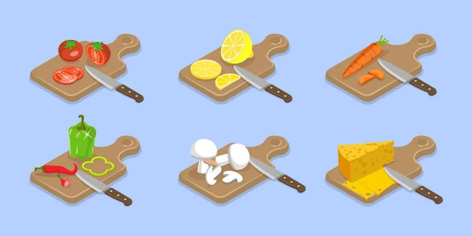 3D Isometric Flat Set von Kochen Lebensmittel Prozess, Fleisch, Fisch, Gem... Stock Photos