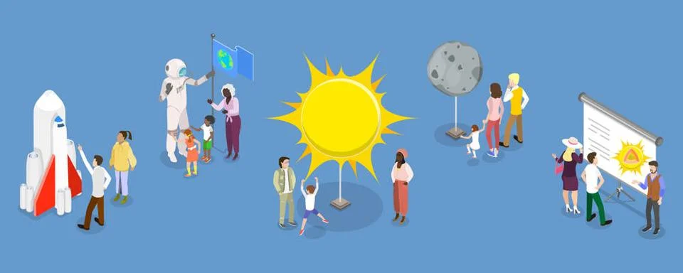 3D Isometric Flat Set von Planetarium Exkursion, Museum Astronomische Auss... Stock Photos