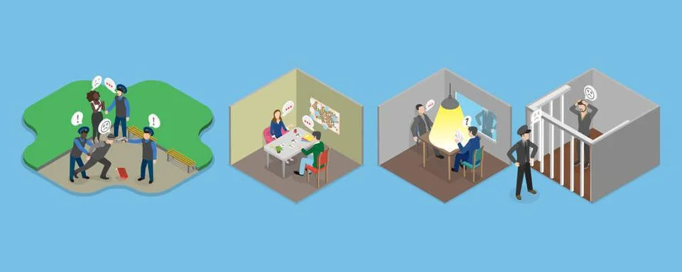 3D Isometric Flat Set von Polizei Arbeitsszenen, Recht und Justiz Service Stock Photos