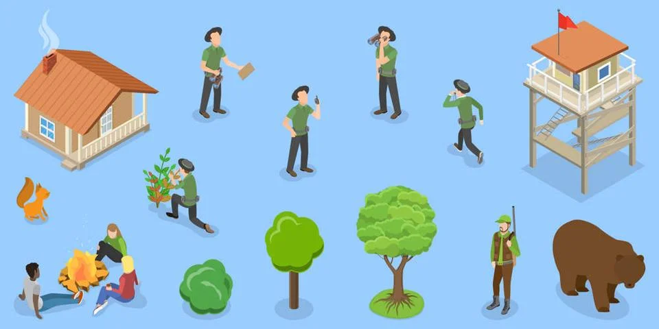3D Isometric Flat Set von Forest Guard Charaktere, Ranger Hüter der Park R.. Stock Photos
