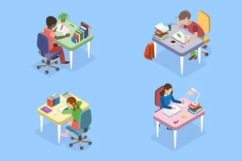 3D Isometric Flat Set von Kindern Studie, Lernprozess3D Isometrisches ... 스톡 사진
