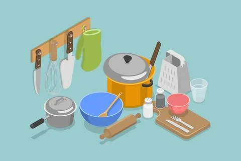 3D Isometric Flat Set von Kochgeschirr Sammlung, Küche Kochwerkzeuge3D... Stock Photos