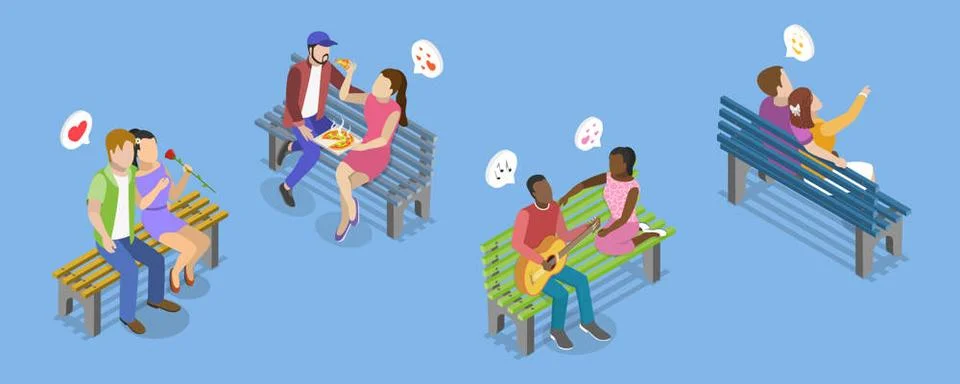 3D Isometric Flat Set von romantischen Paaren, Liebende im Gespräch auf ei.. Stock Photos