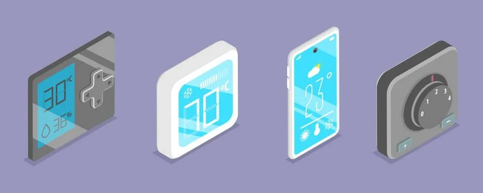 3D Isometric Flat Set von Smart Home Heizung und Kühlung, Thermostat Samml.. Stock Photos