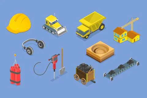 3D Isometric Flat Set von Bergbau Elemente , Extraktion Industrie Beruf 库存照片