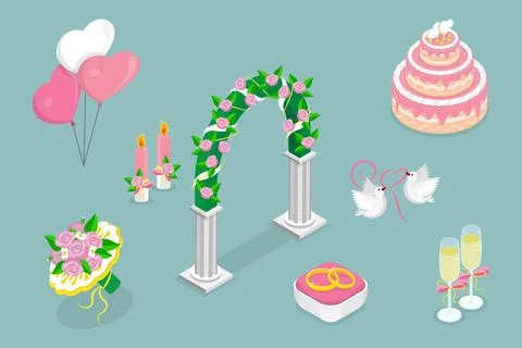 3D Isometric Flat Set of Wedding Elements, Decoration for Marriage Ceremon... Fotos Stock