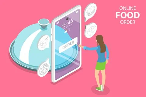 3D Isometric Flat Vector Concept of Restaurant and Cafe Online Food Order App. Stock Illustration