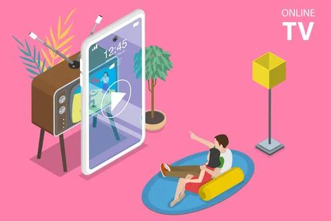 3D Isometric Flat Vector Concept of Mobile Smart TV. Stock Illustration