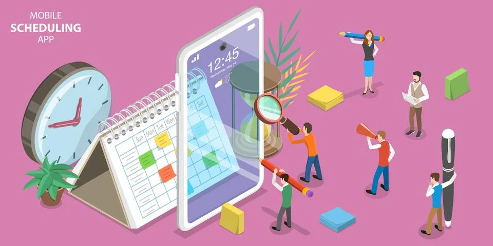 3D Isometric Flat Vector Concept of Online Scheduling App. Stock Illustration