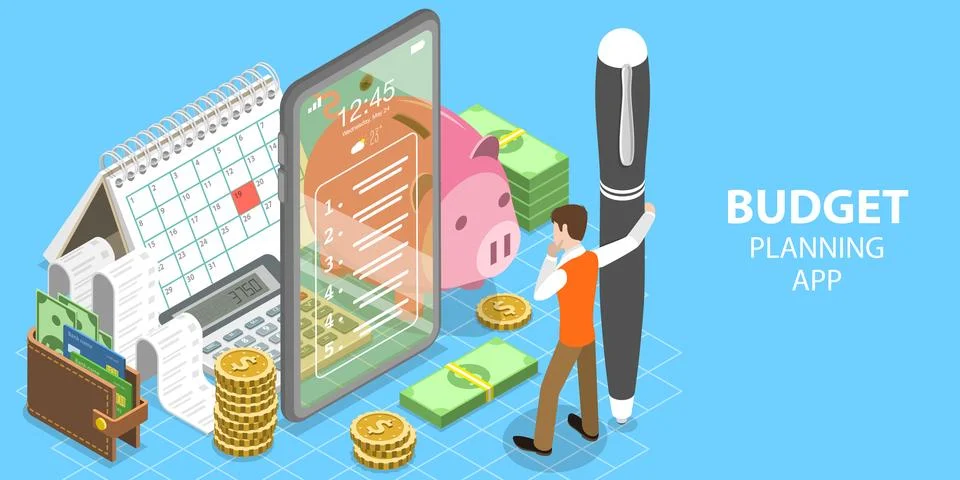 3D Isometric Flat Vector Concept of Budget Planning Mobile App. Stock Illustration