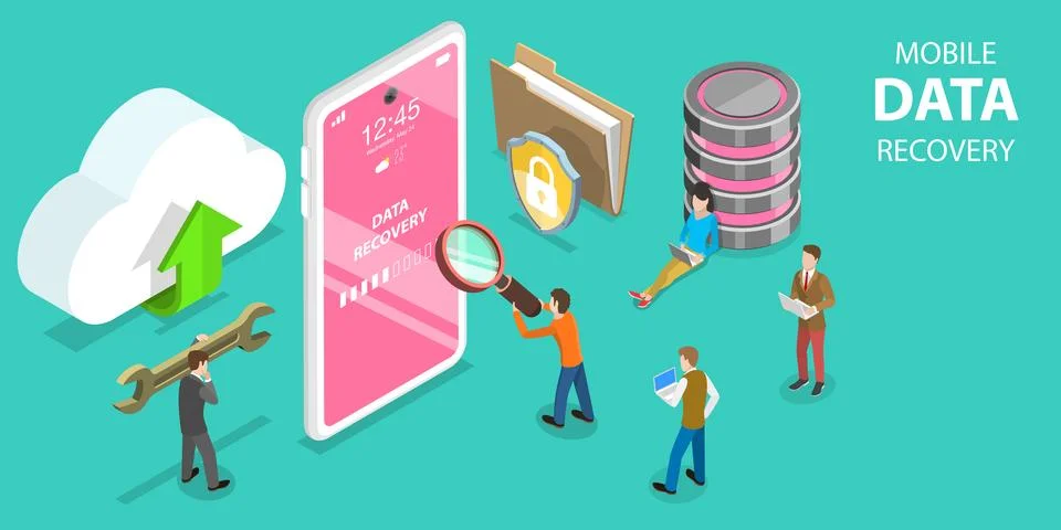 3D Isometric Flat Vector Concept of Mobile Data Recovery Services. Stock Illustration