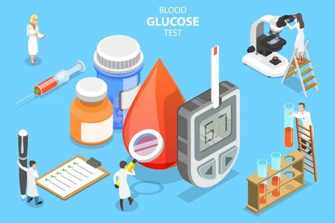 3D Isometric Flat Vector Concept of Blood Glucose Testing, Glucometer Hand Test. Stock Illustration