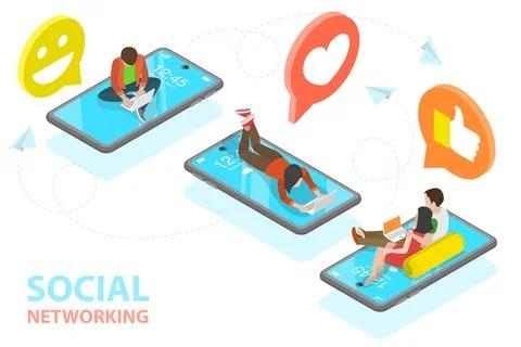 3D Isometric Flat Vector Concept of Social Networking, Digital Communication. Stock Illustration
