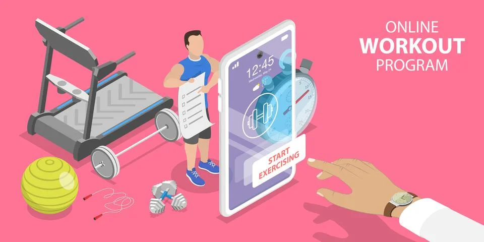 3D Isometric Flat Vector Concept of Online Workout Program. Stock Illustration