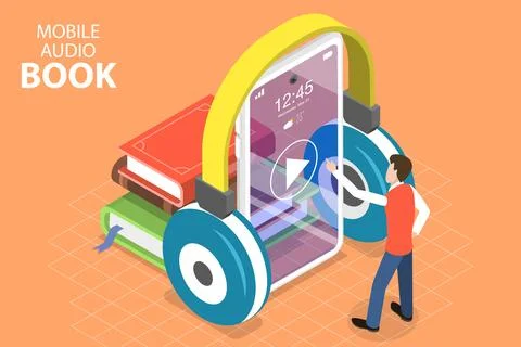 3D Isometric Flat Vector Concept of Mobile Audio Book, Online Education. Stock Illustration