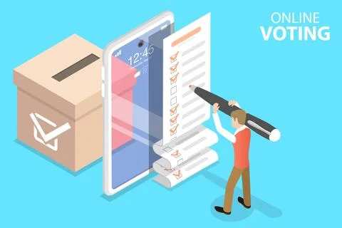 3D Isometric Flat Vector Concept of Online Voting Mobile App, E-voting. Stock Illustration