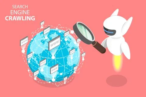 3D Isometric Flat Vector Concept of Search Engine Crawling Bot. 스톡 일러스트