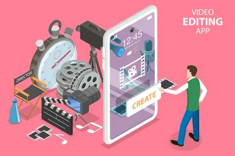 3D Isometric Flat Vector Concept of Mobile Video Editing App. Stock Illustration