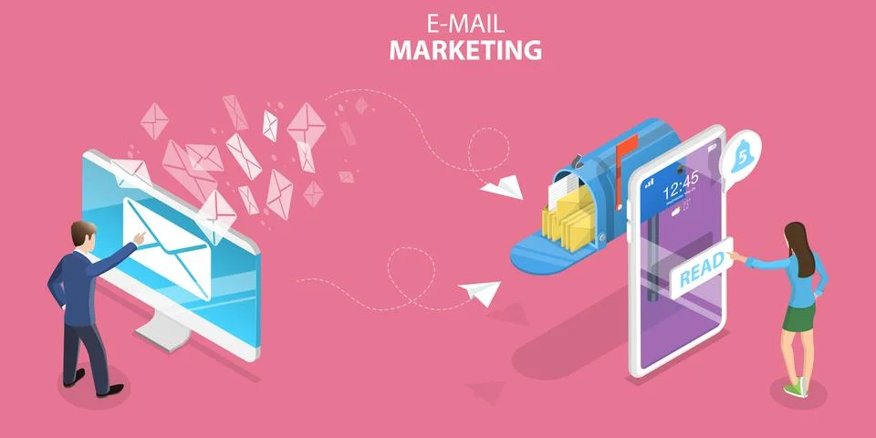 3D Isometric Flat Vector Concept of Mobile Email Marketing. Stock Illustration
