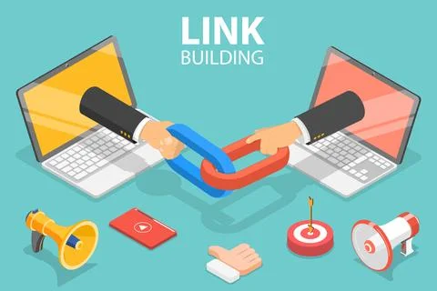 3D Isometric Flat Vector Concept of Link Building, SEO, Backlink Strategy. Ilustración de archivo