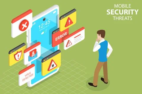3D Isometric Flat Vector Concept of Mobile Security Threats, Computer Virus. 스톡 일러스트