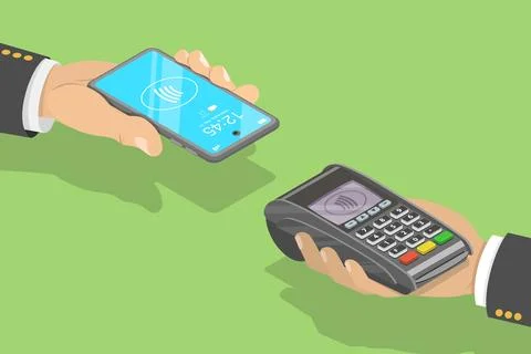 3D Isometric Flat Vector Concept of Contactless Secure Payment Using Smartphone. Stock Illustration