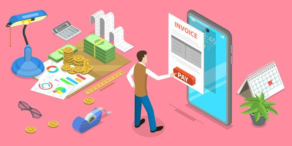 3D Isometric Flat Vector Concept of Mobile Invoice, Online payment. Illustrazione stock