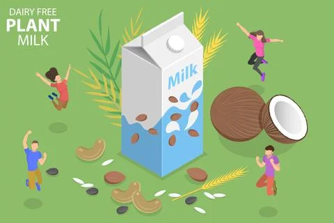 3D Isometric Flat Vector Concept of Dairy Free Plant Milk. Stock Illustration