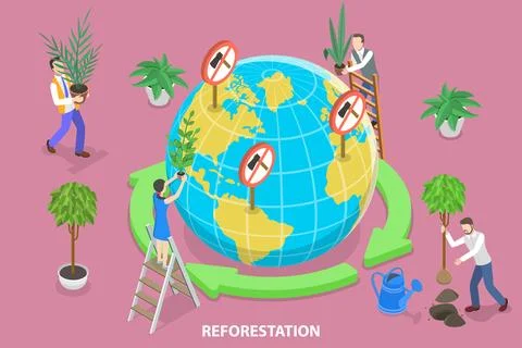 3D Isometric Flat Vector Concept of Reforestation by Planting New Trees. Stock Illustration