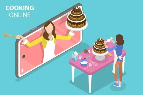 3D Isometric Flat Vector Concept of Online Cooking Vlog. Illustrazione stock