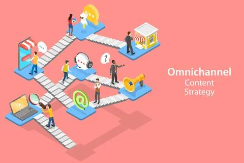 3D Isometric Flat Vector Concept of Cross-Channel, Omnichannel. Stock Illustration