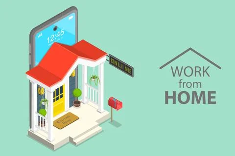 3D Isometric Flat Vector Concept of Working at Home. Stock Illustration