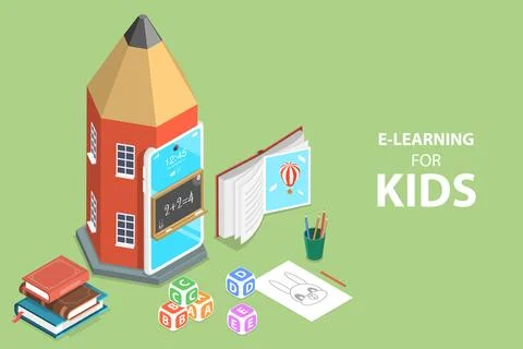 3D Isometric Flat Vector Concept of E-Learning for Kids. Stock Illustration