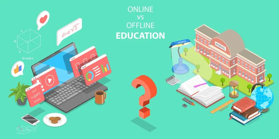 3D Isometric Flat Vector Concept of Online Learning vs Offline. Stock Illustration