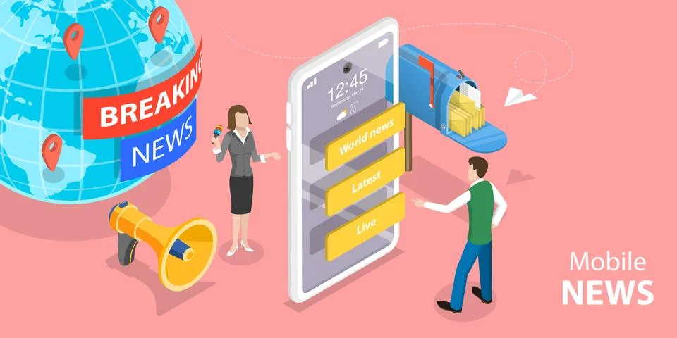 3D Isometric Flat Vector Concept of Online News App, Digital Worldwide Media. Stock Illustration