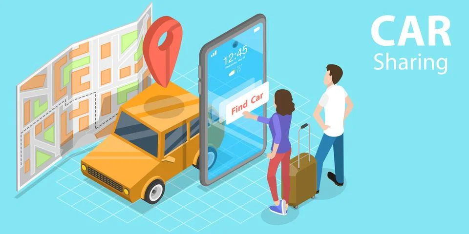 3D Isometric Flat Vector Concept of Car Sharing Service App, Shared Mobility. Stock Illustration