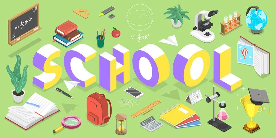 3D Isometric Flat Vector Concept of School Education, Back to Digital School. Stock Illustration