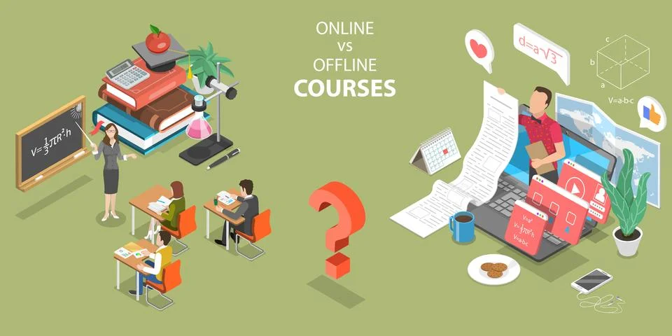 3D Isometric Flat Vector Concept of Online Courses vs Offline Courses Stock Illustration