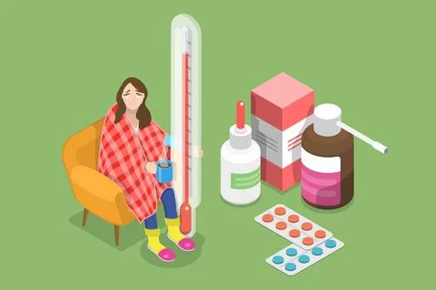 3D Isometric Flat Vector Conceptual Illustration of Sad Sick Woman Having a Cold Stock Illustration