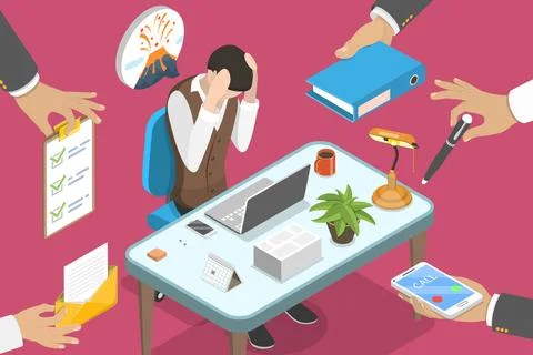 3D Isometric Flat Vector Conceptual Illustration of Exhausted Office Woker. Stock Illustration