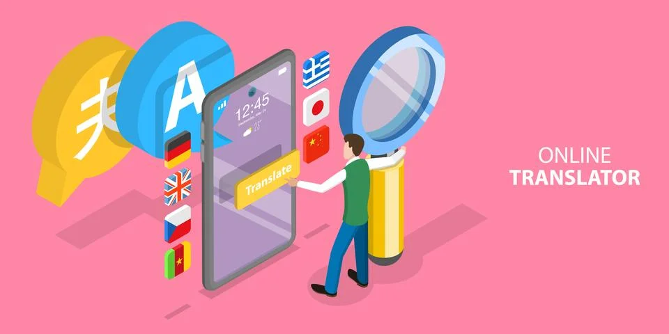 3D Isometric Flat Vector Conceptual Illustration of Multi Language Translator. イラスト素材